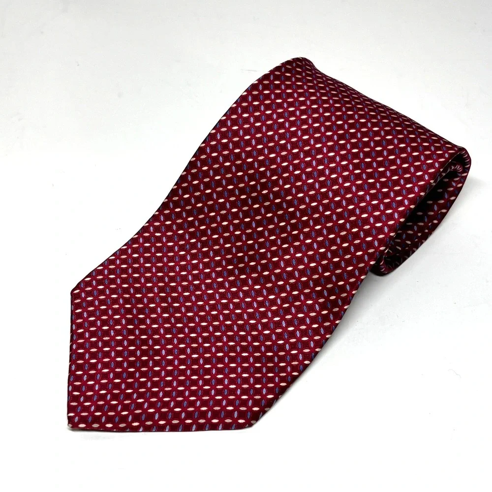 Neo Bill Blass Tie Mens‎ OS Burgundy Red Geometric 100% Silk Classic Wedding